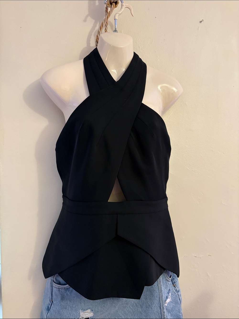 BCBGMaxAzria Black One-Shoulder Cross-Front Peplum Top